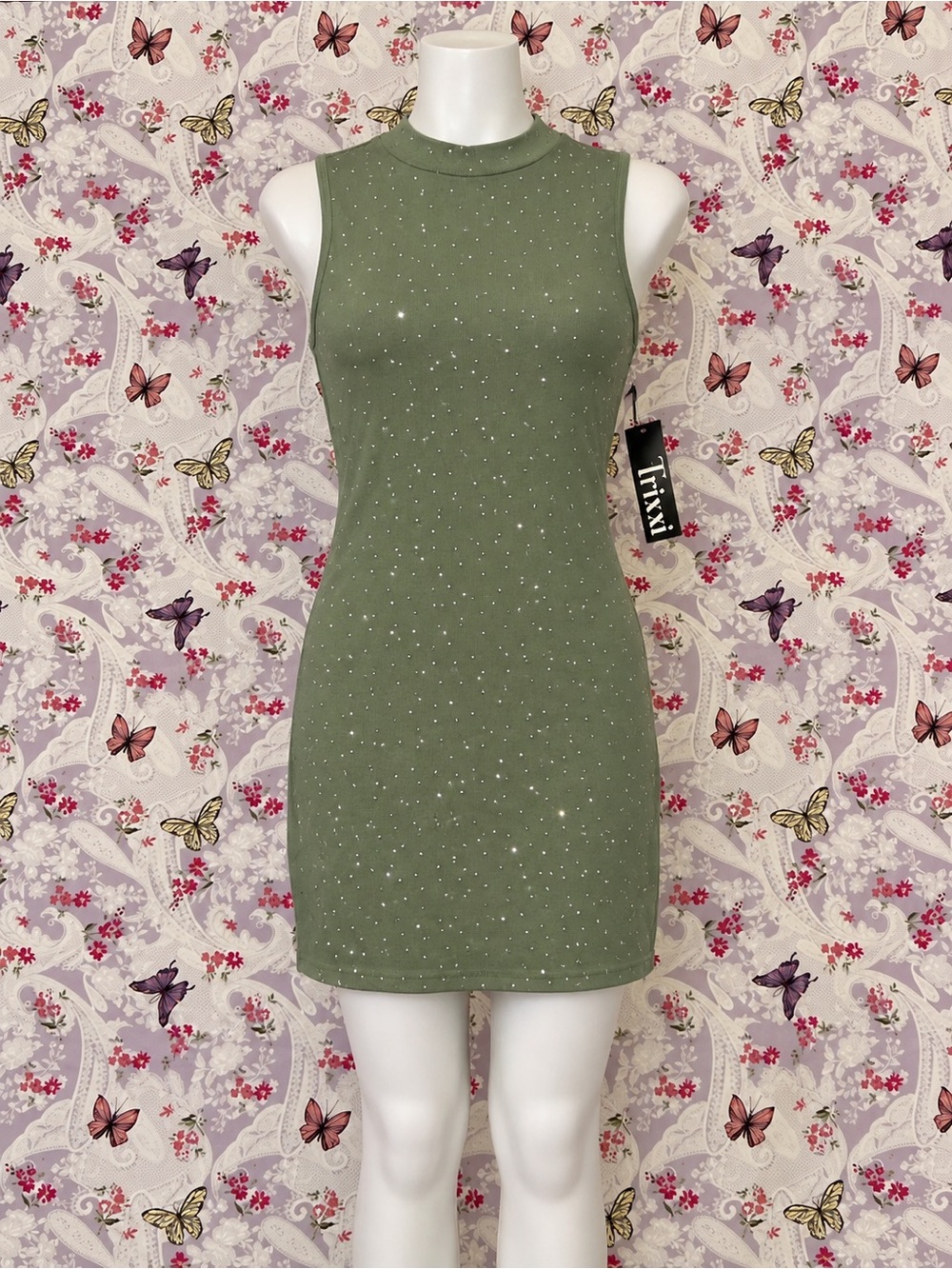 Trixxi see through Olive Green Sleeveless Rhinestone Bodycon Mini Dress